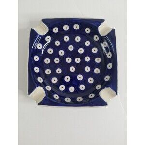Polish MANUFAKTURA W Boleslawcu Pottery Hand Painted Blue Spotted Ashtray